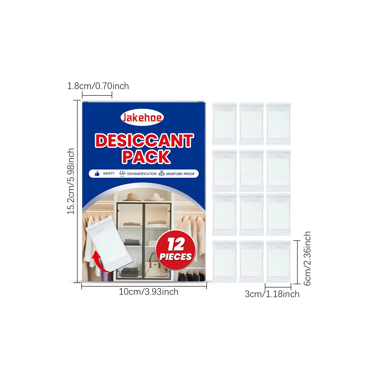 Pack of 12 white calcium chloride desiccant units for absorbing household moisture.