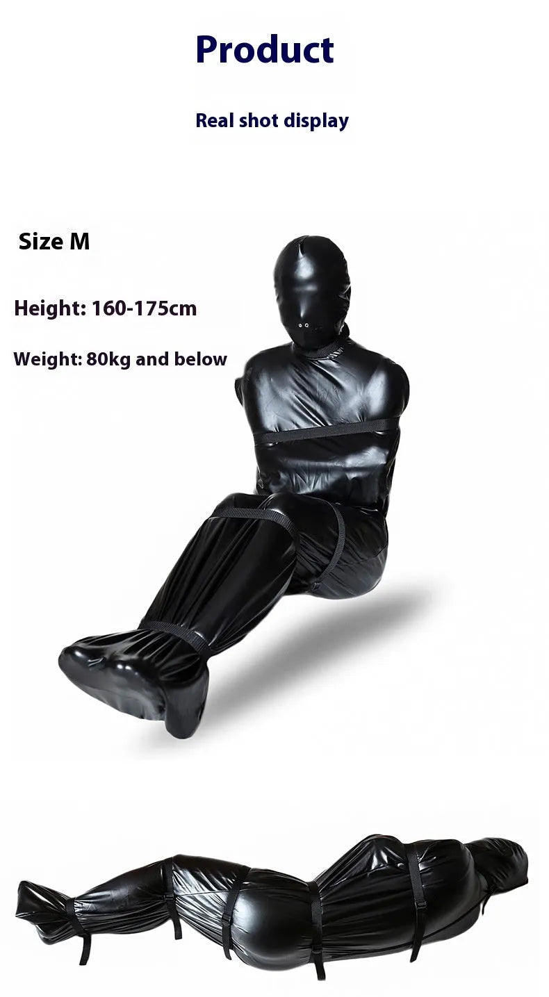 Black patent leather full coverage body restraint wrap with six ratchet tie down straps.