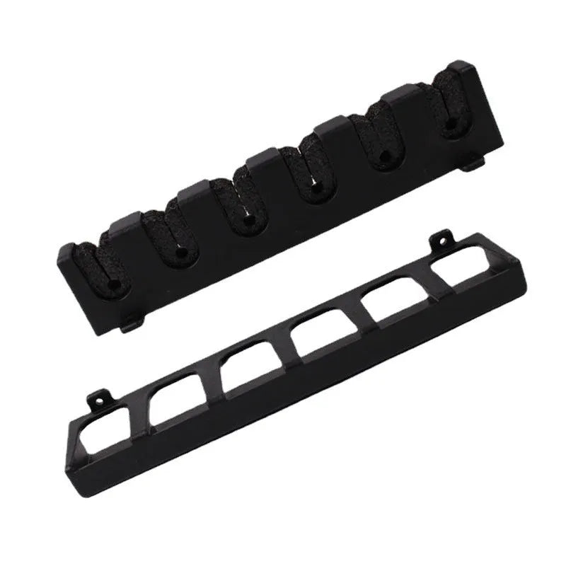 Black ABS plastic wall-mounted fishing rod storage rack with upright and horizontal mounting options