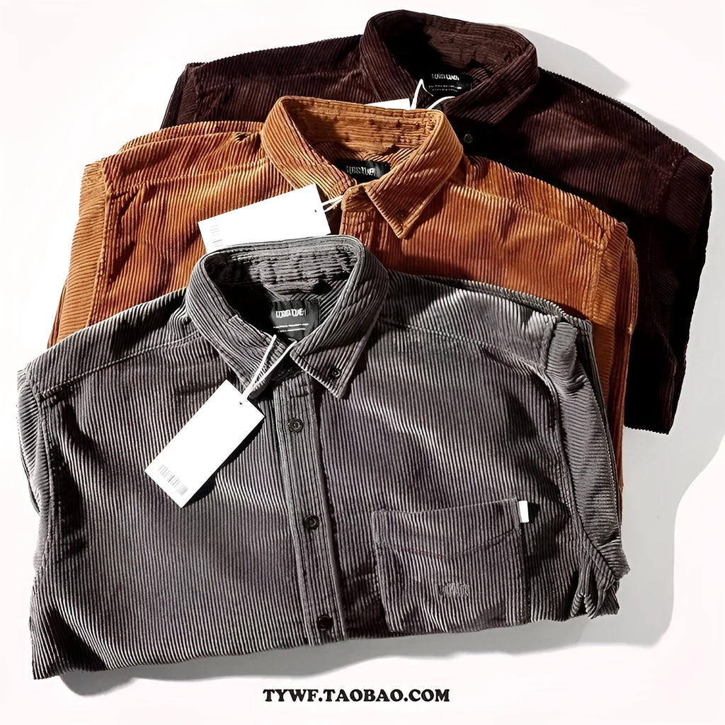 Corduroy loose fit cardigan-style shirt in caramel colour with long sleeves