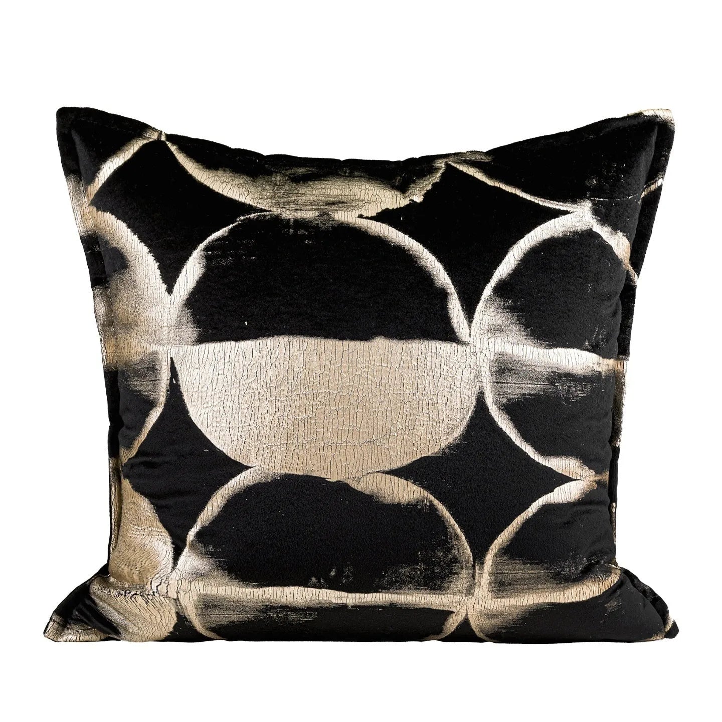 Black and gold abstract pattern cushion with flannel cover on a grey sofa