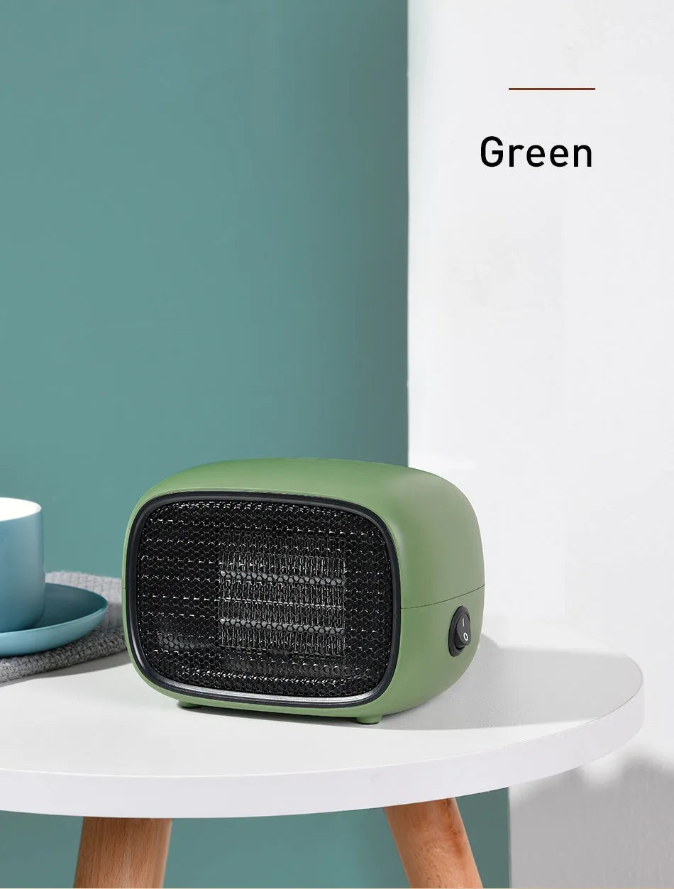 Mini PTC ceramic heater in green, white or yellow colours showing compact dimensions