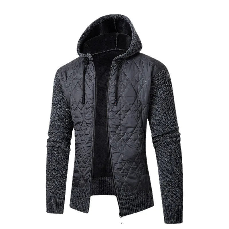 Men's grey hooded corduroy sweater coat with cinched waistline