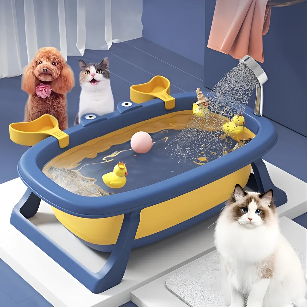 Blue foldable plastic pet tub for small dogs and cats, shown collapsed and open.