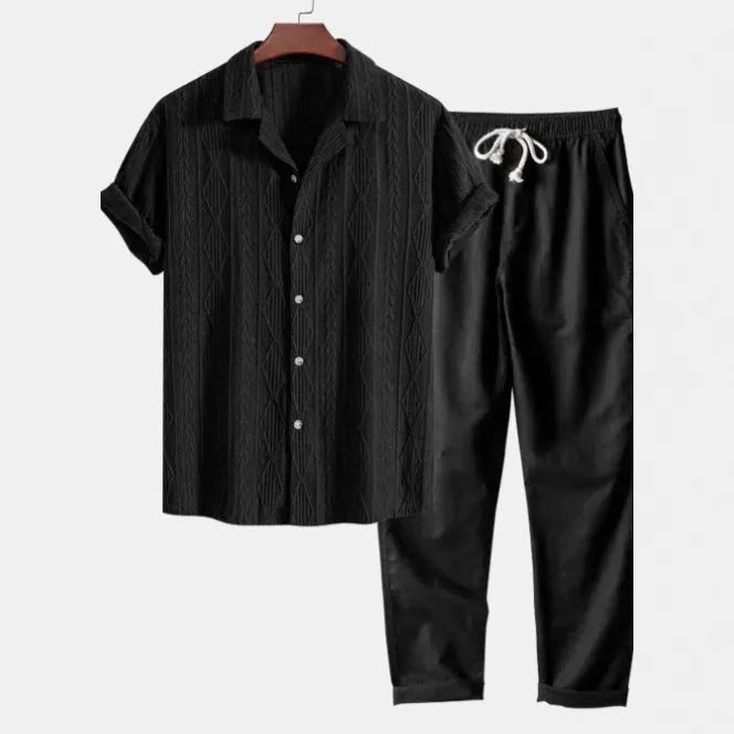 Men's slim fit camouflage print shirt and trousers casual suit with short sleeves