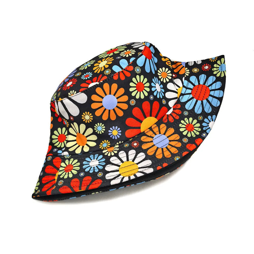 Colourful flowers pattern polyester bucket hat with dome crown in retro style