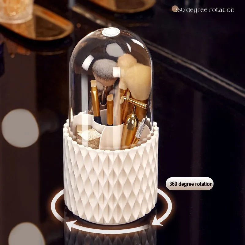 White transparent acrylic rotating makeup brush storage holder with dust-proof lid on desktop