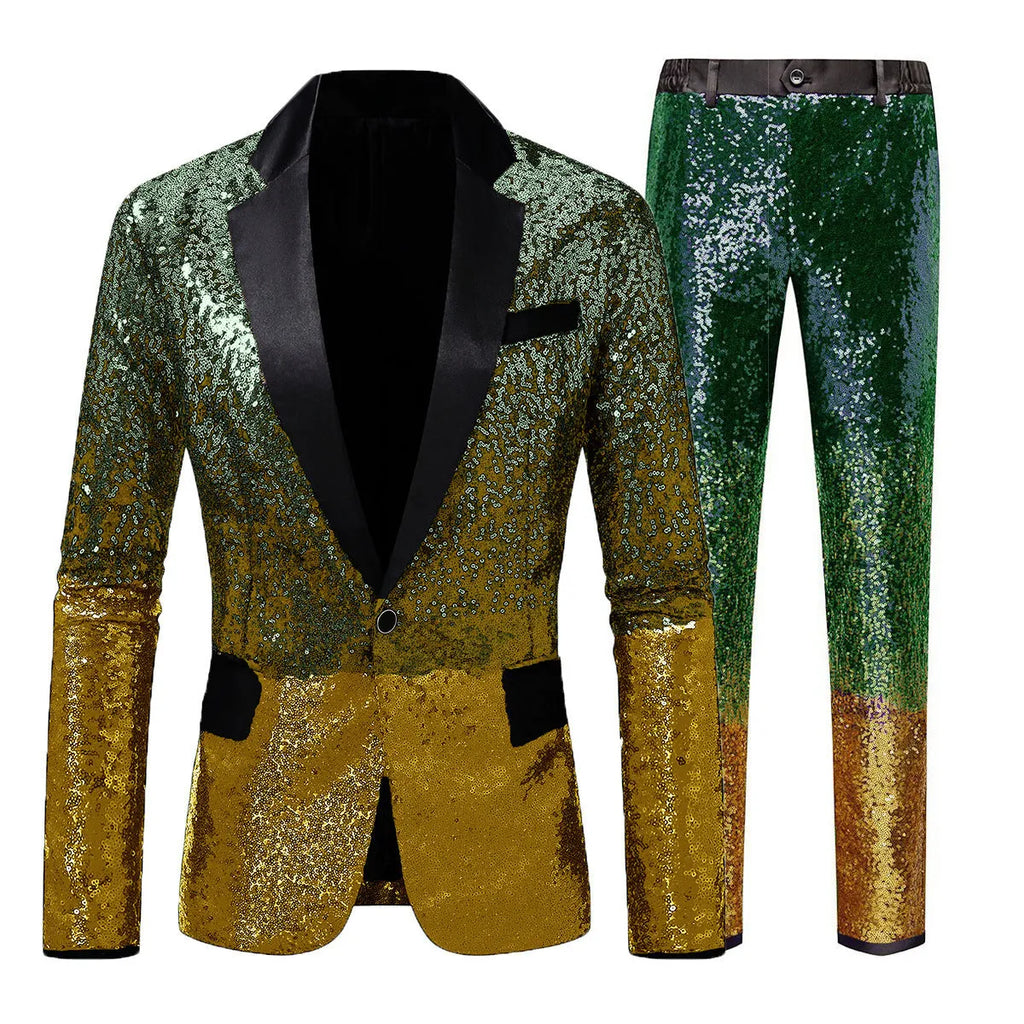 Men's gradient sequin suit set in slim fit polyester, coat and trousers, available in multiple colours