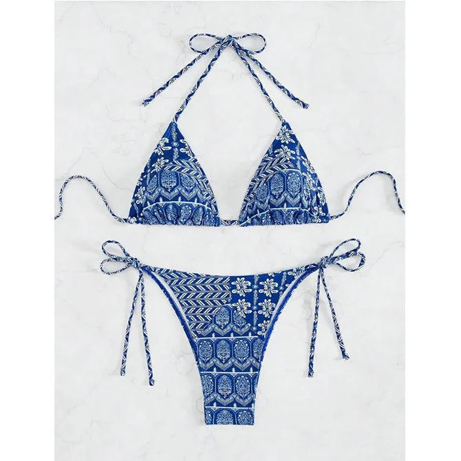 Women's split bikini swimsuit with bandage stitching detail in polyester fabric