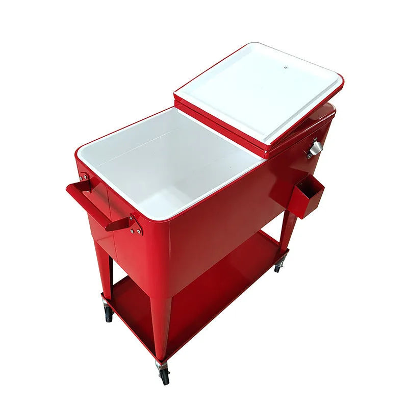 Red outdoor insulated cart cooler box with iron trolley frame and 750 ml capacity.