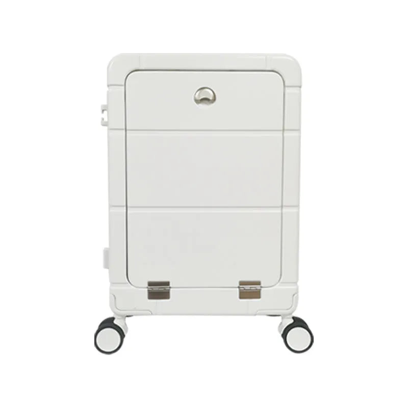 20-inch front opening hard shell suitcase in black with universal wheels and a separate compartment for dry and wet items.