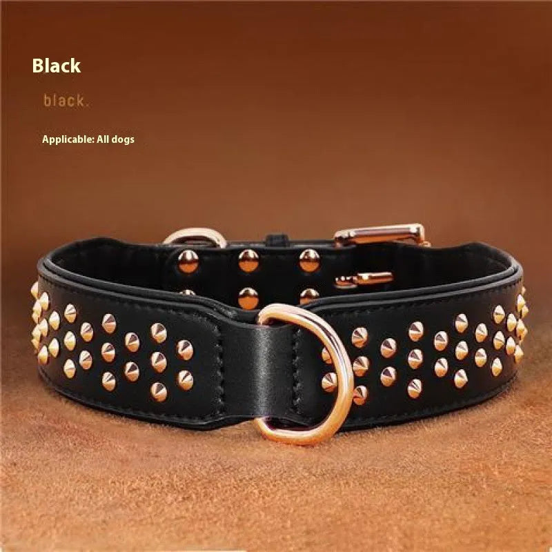 Leather dog training collar with stainless steel anti-bite rivets in black, chocolate, or pink colour options