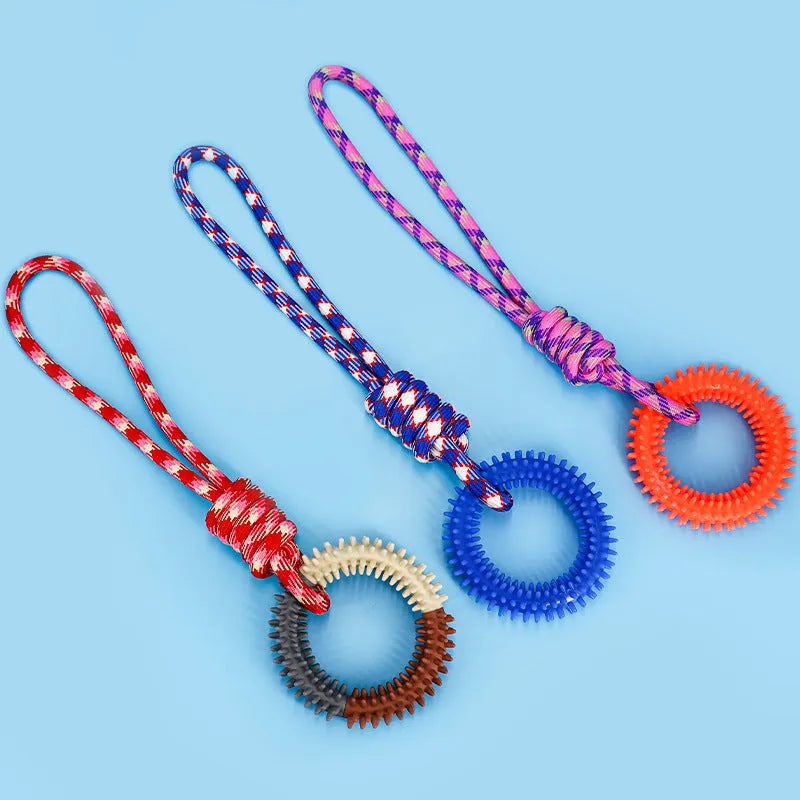 43cm colourful braided rope dog toy with knot sections for chewing and teeth cleaning