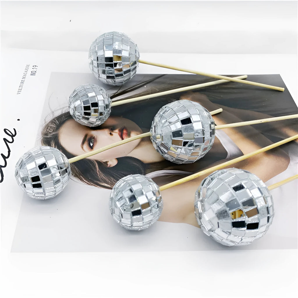 Glass mirror ball cake decoration on wooden stick in four size options for celebration cakes
