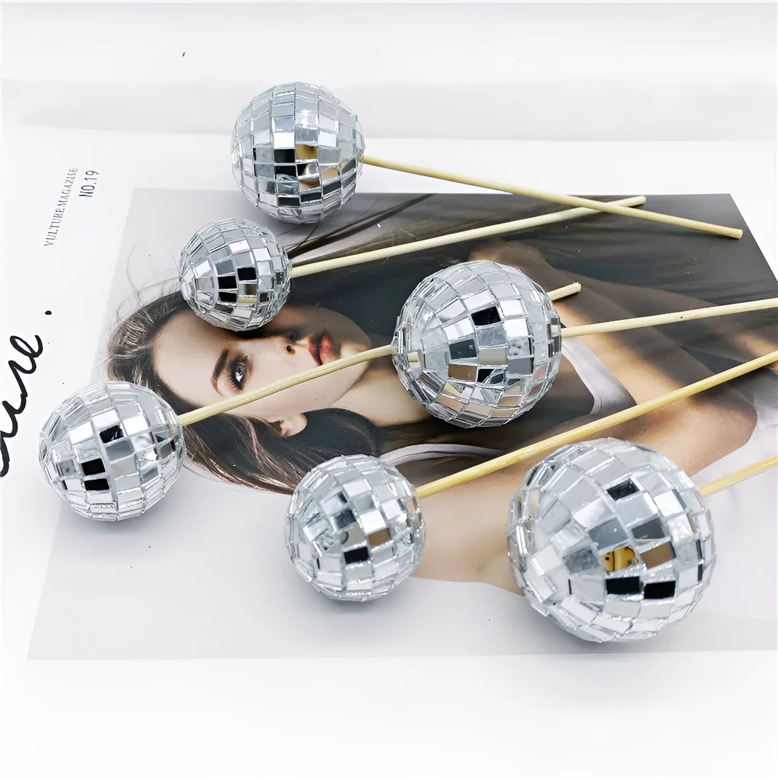 Glass mirror ball cake decoration on wooden stick in four size options for celebration cakes