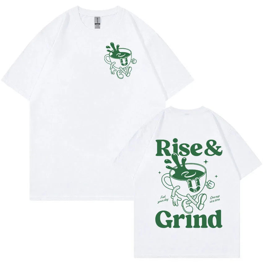 Loose fit linen cartoon T-shirt featuring a Rise and Grind Green Coffee Fun Expression Bag design.