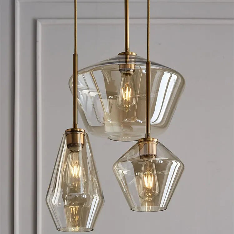 Nordic minimalist glass single head chandelier with gold hardware and cognac shade 17cm diameter