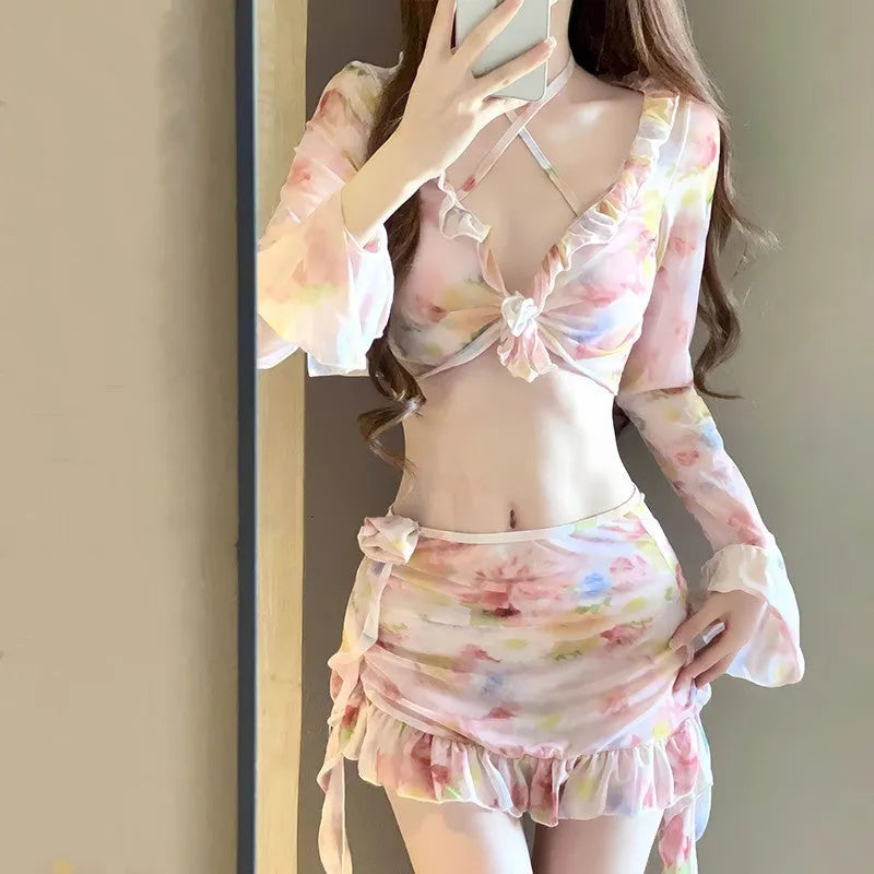 Women's floral bikini swimsuit in cherry blossom powder colour with polyester fabric