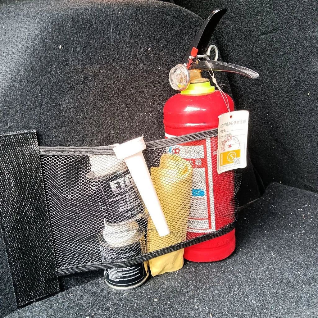 Stretchy polyester car boot storage net with hook and loop fasteners, shown in 20x45cm size.