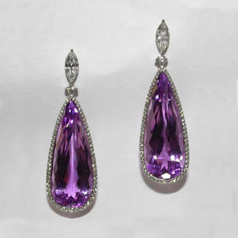 Micro-inlaid purple zircon long drop women bridal earrings with copper base