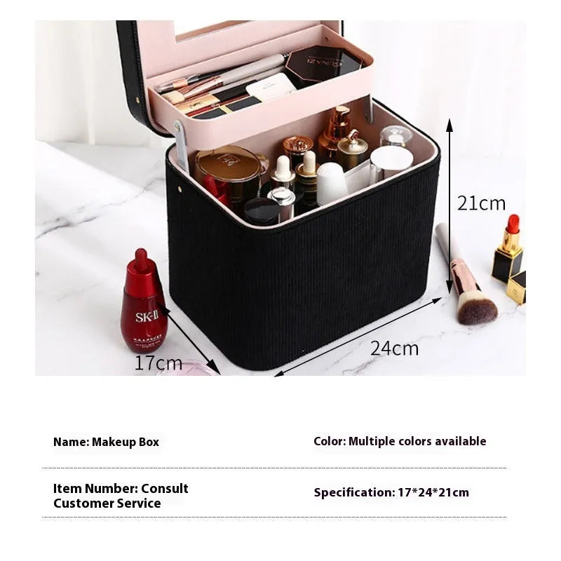 Corduroy cosmetic storage case with portable handle in multiple colour options