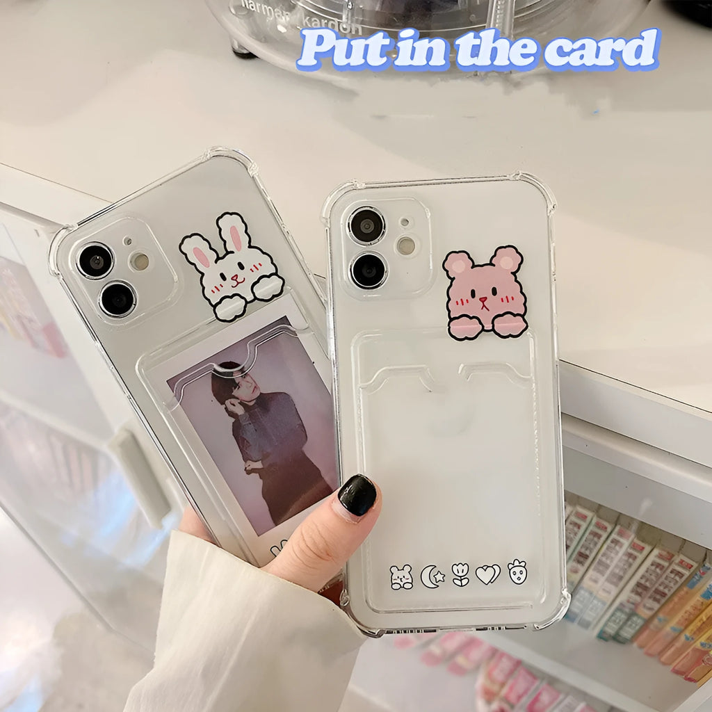 Transparent cartoon phone case with card holder pocket for iPhone models