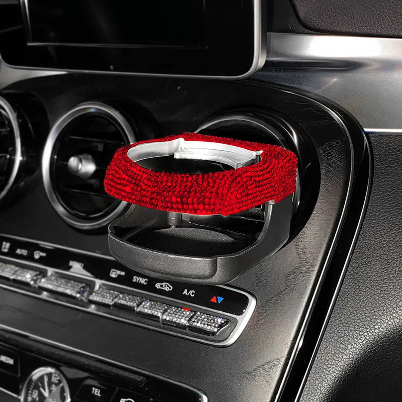 Car air vent cup holder bracket with rhinestone decoration in white diamond pattern