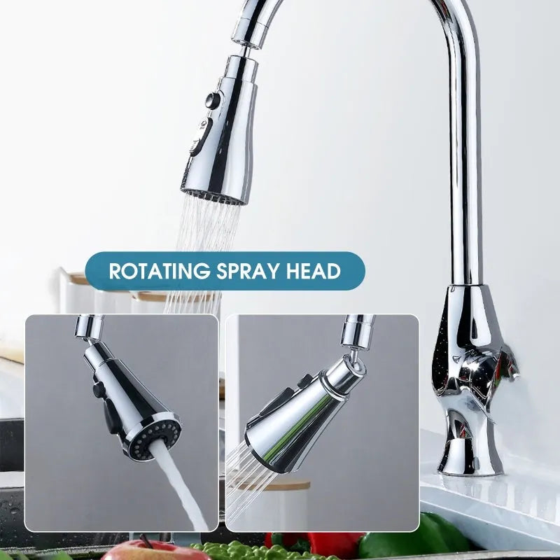 Silver universal kitchen faucet sprayer with rotating head shown on a sink tap.
