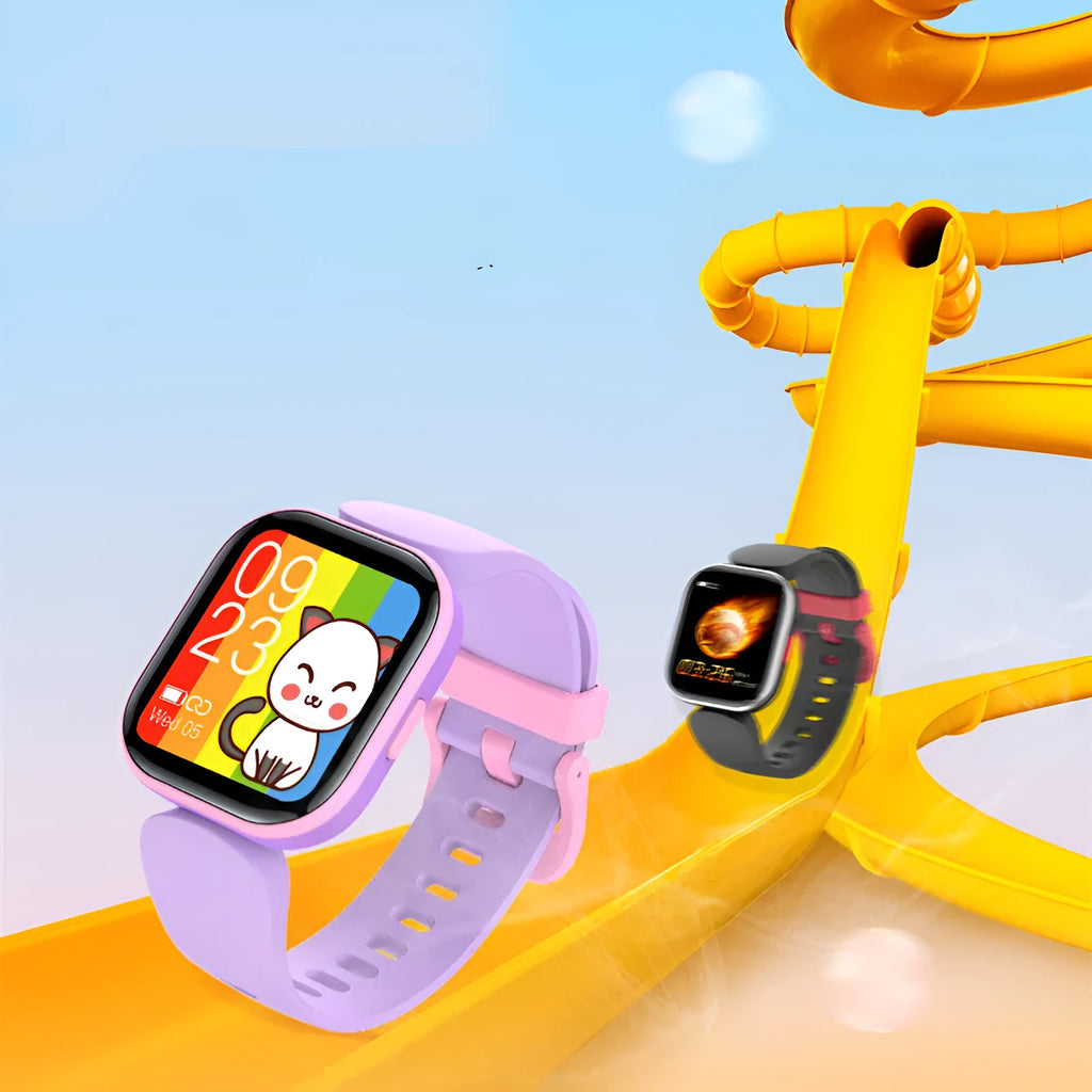H39T children's smart watch with blue TPU strap on a wrist, showing the 1.4-inch touchscreen display.