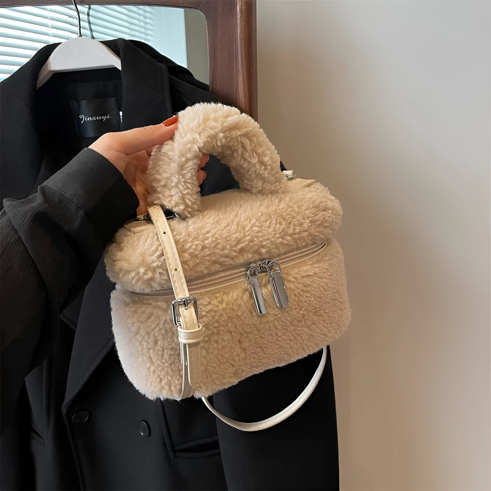 Soft plush women's shoulder bag in cream white, box shape with visible stitching and zipper pocket, street-trend style