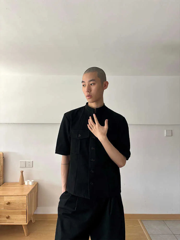 Handmade black hunting shirt with red eye pattern, half sleeves, and loose fit