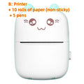 Pink mini Bluetooth thermal printer on a desk with a phone and printed note, measuring 11x8x3.5cm
