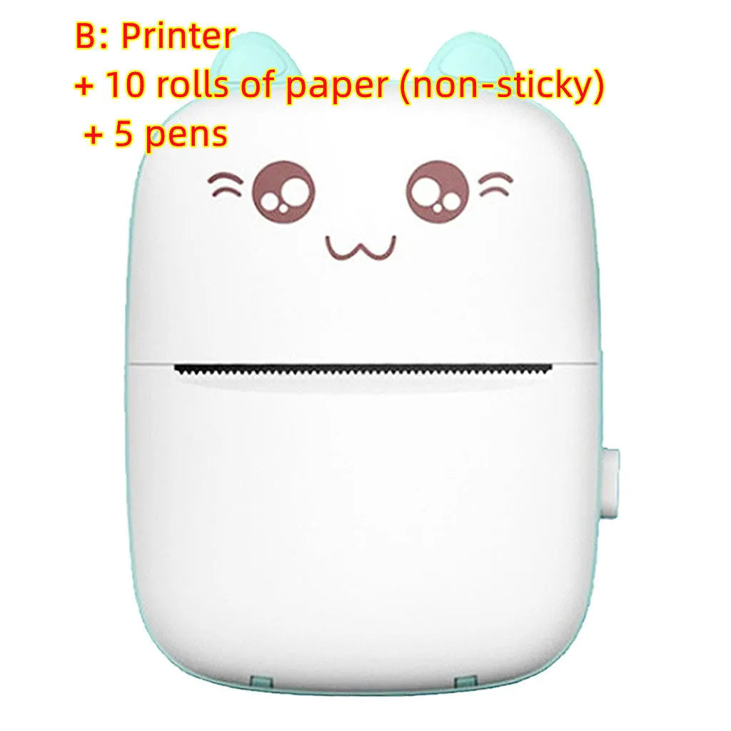 Pink mini Bluetooth thermal printer on a desk with a phone and printed note, measuring 11x8x3.5cm
