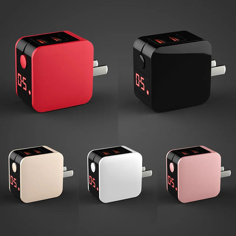 5V 2.4A fast charger with digital display and dual USB ports in black, white, or red colour options
