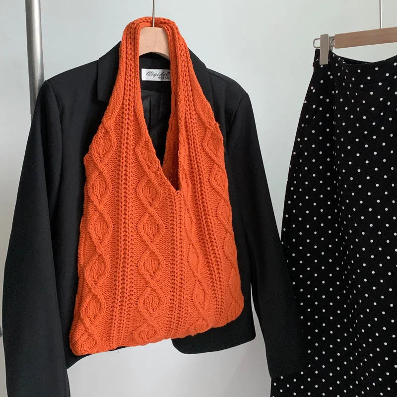 Women's retro knitted wool shoulder tote bag in a solid colour with double straps, shown with a 55cm width.