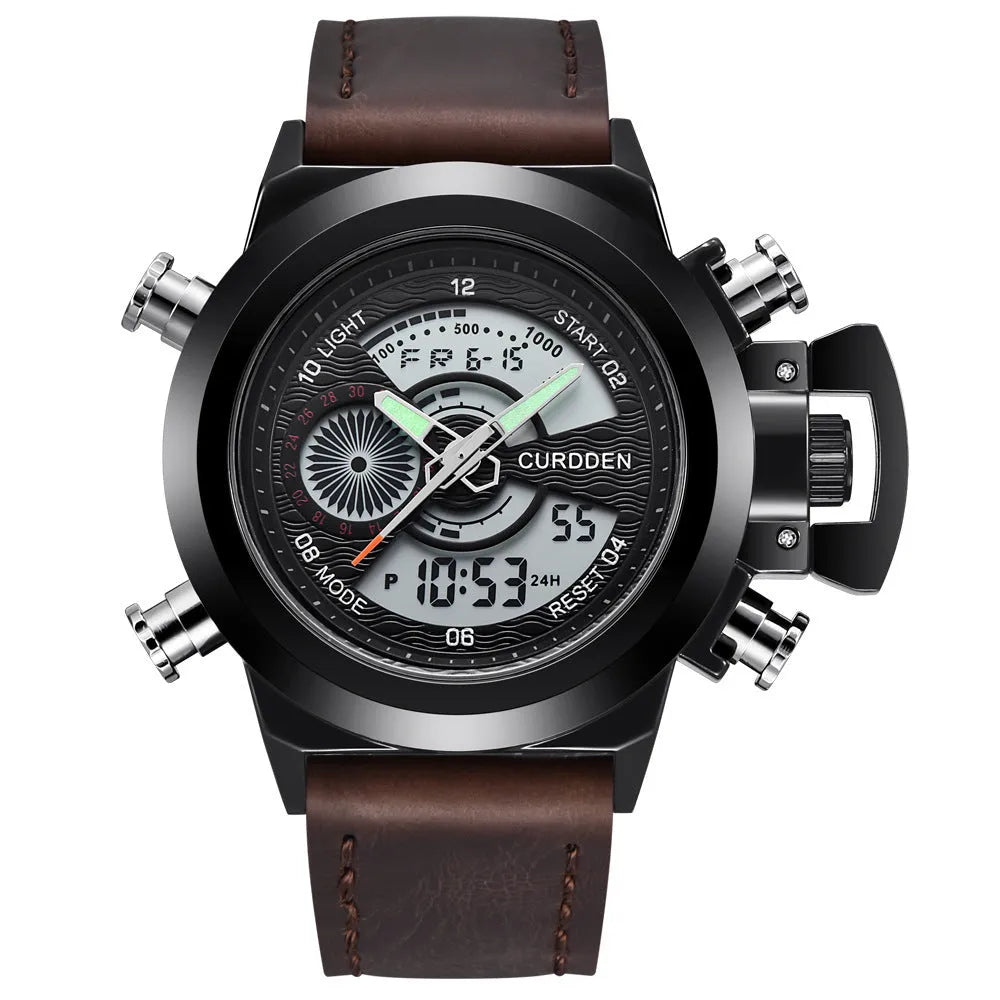 Men's fashion belt multi-functional double display sports watch with black leather strap