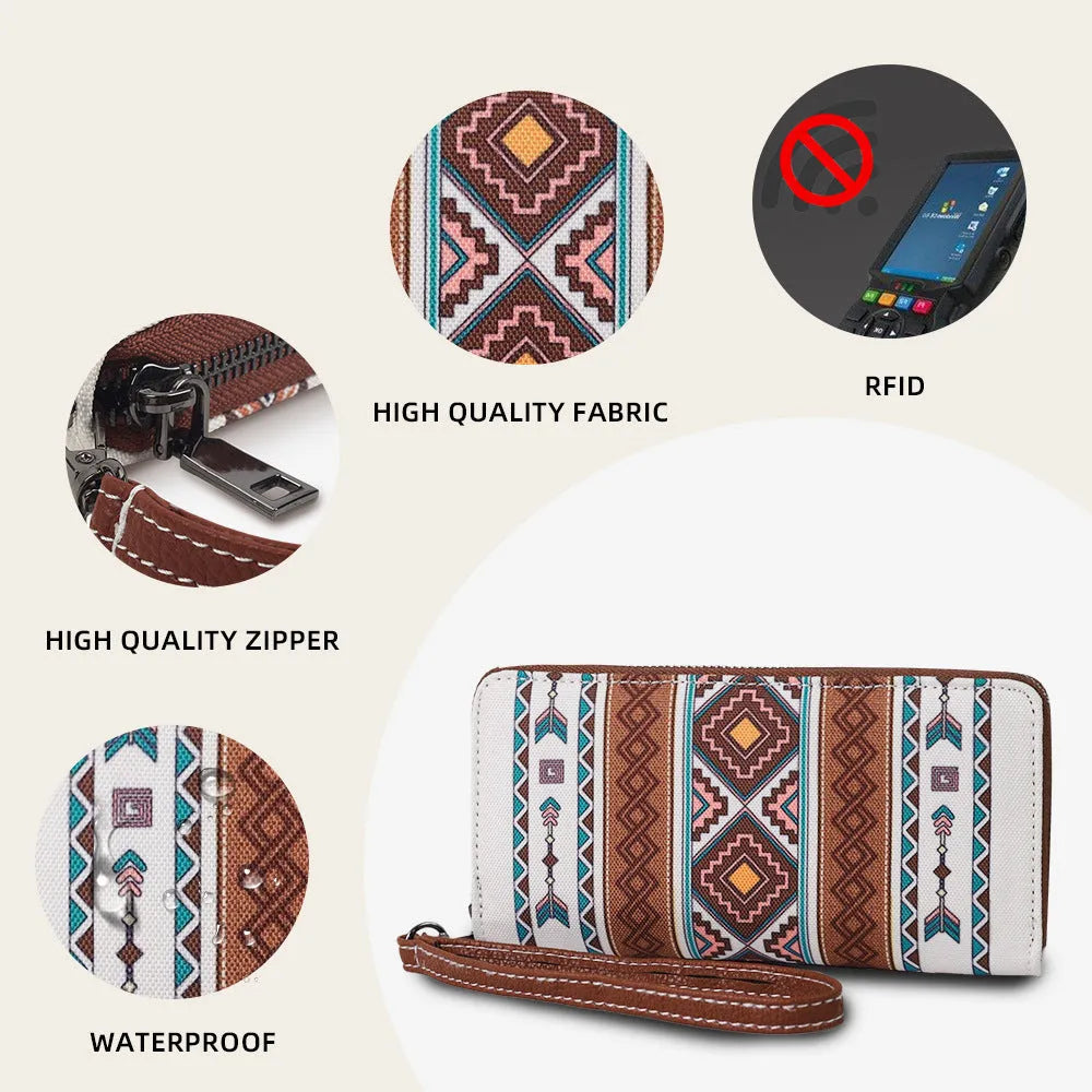 Bohemian striped canvas RFID wallet with anti-theft features in beige and red colours measuring 20x10x2cm