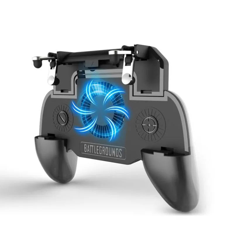 A black mobile phone game controller with USB cable and physical buttons on a compact body.