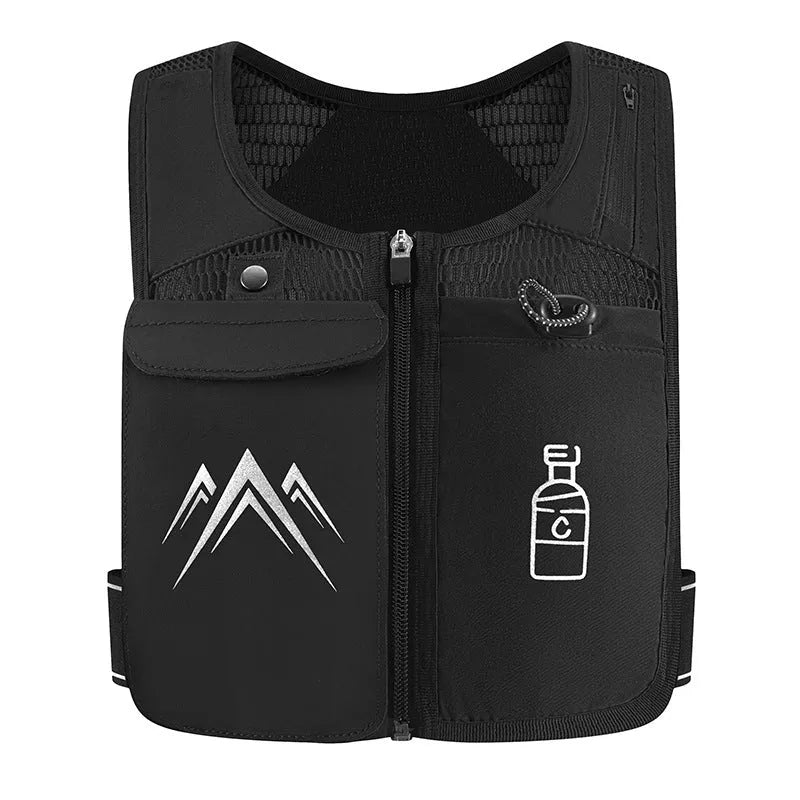 Sports running vest with front mobile phone bag in breathable mesh fabric, shown in classic black colour.
