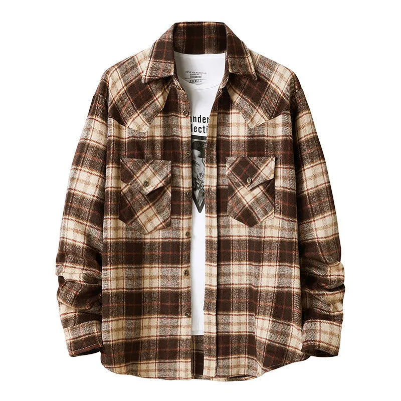 Men's long sleeve flannel plaid shirt jacket in black with corduroy lined cuffs and collar, soft brushed fabric