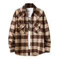 Men's long sleeve flannel plaid shirt jacket in black with corduroy lined cuffs and collar, soft brushed fabric