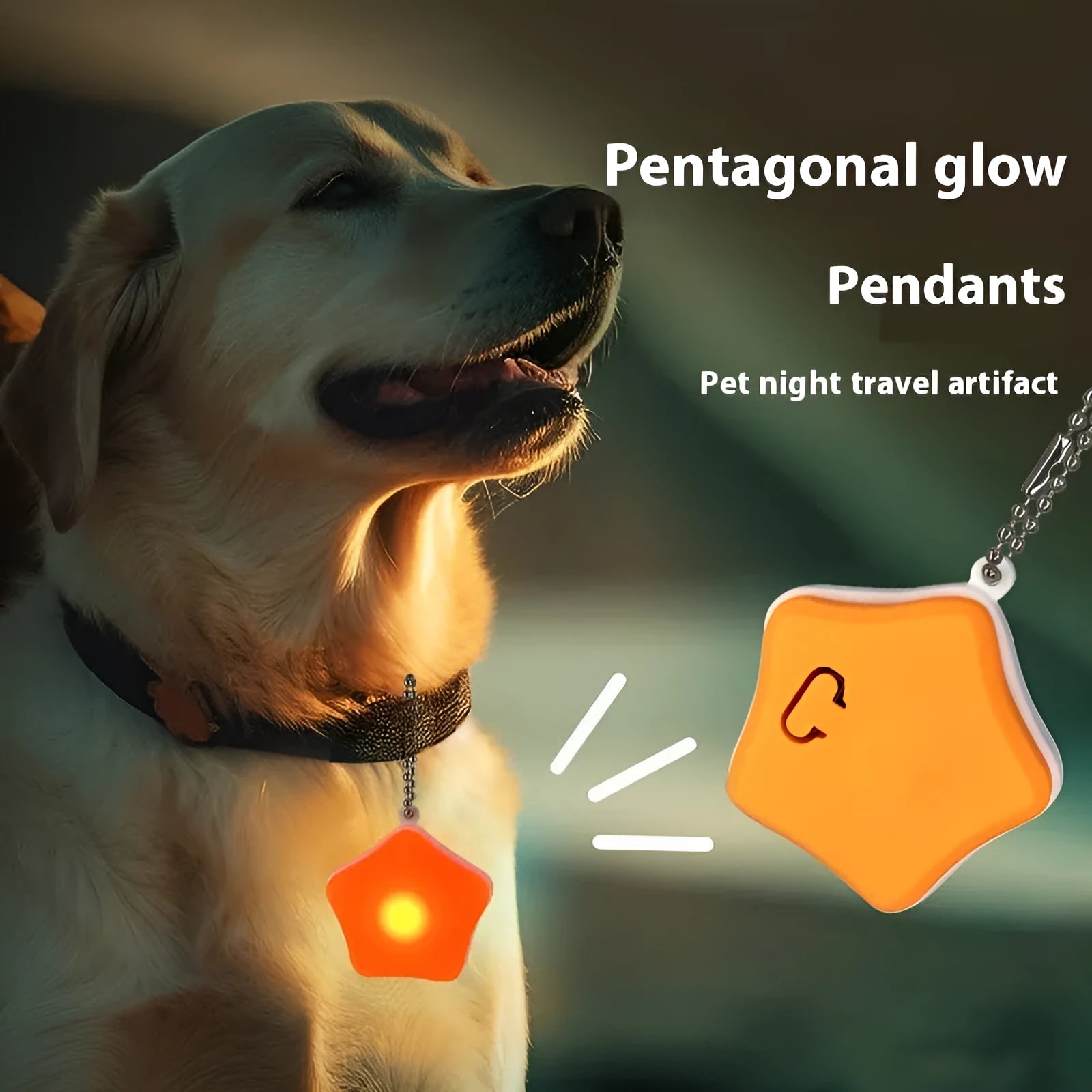 Blue rechargeable pendant pet light with silicone strap attached to dog collar