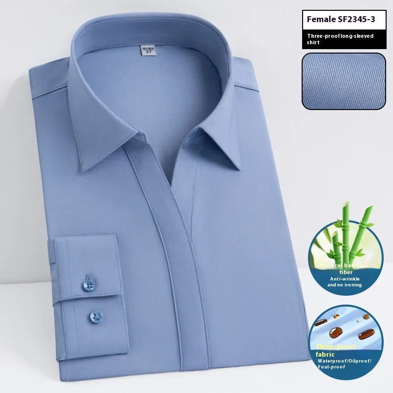 Men's slim fit bamboo fibre business shirt in a solid colour with square collar, shown in waterproof and stain resistant fabric.