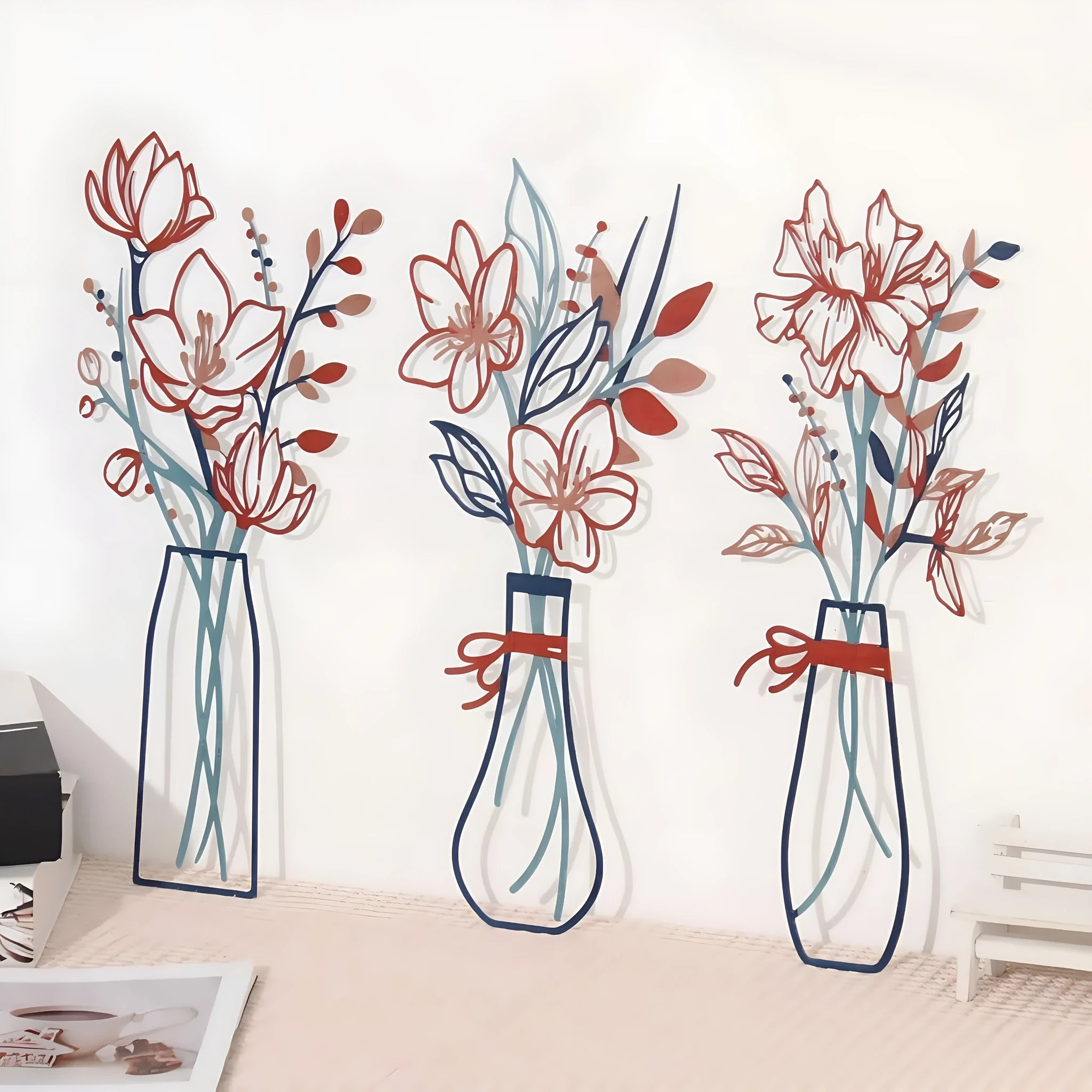Set of three metal flower wall art pieces in country farmhouse style for bathroom decoration