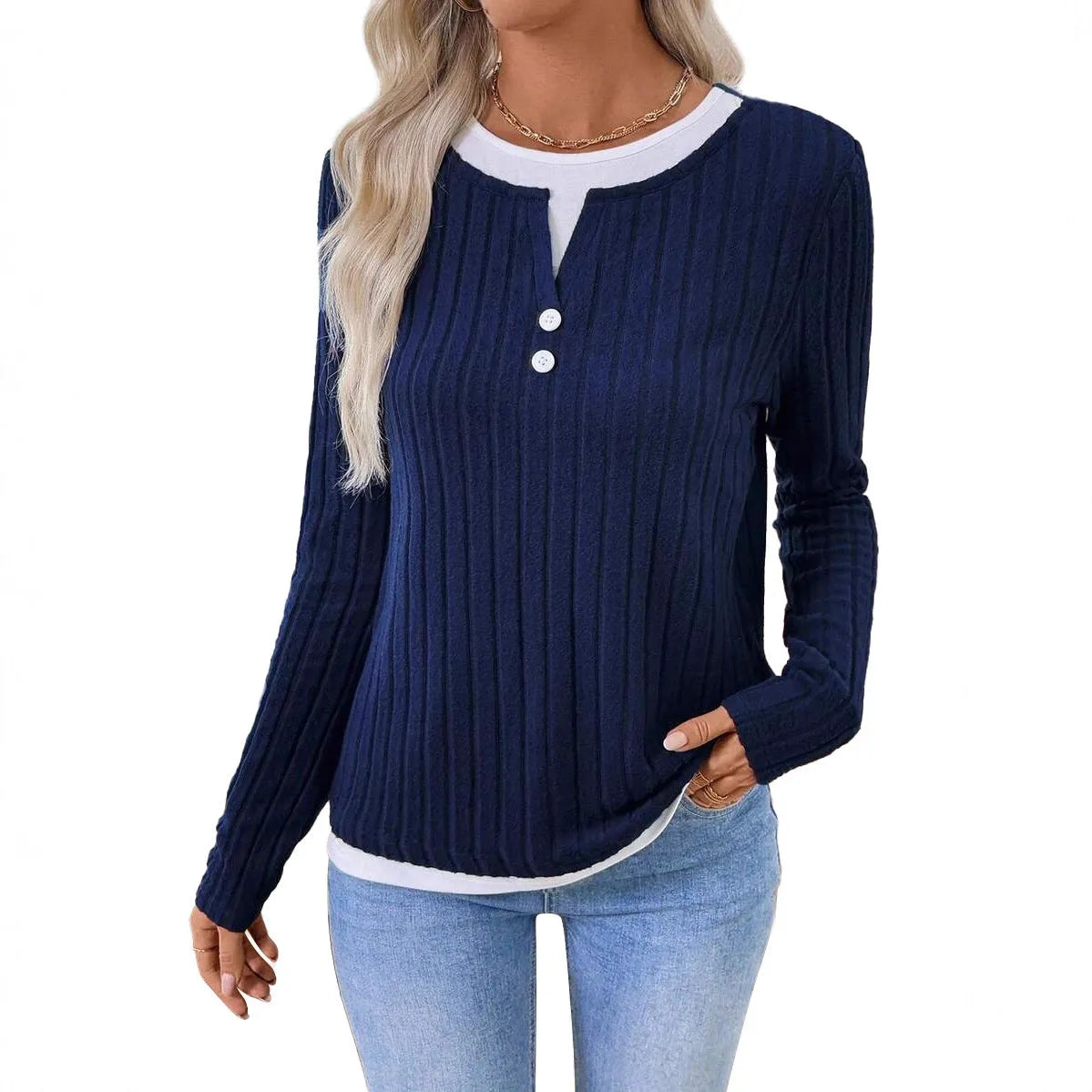 Women's black fake two-piece pullover sweater with a round neck and button front, showing concave stripe texture.
