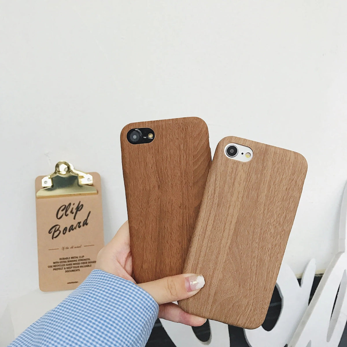 Ultra-thin wood-grain PU leather phone case for iPhone, dark brown, with flexible PC and nonwoven layers
