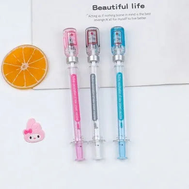 Black and clear plastic vaccine syringe design gel pen with 0.5mm tip on white background.