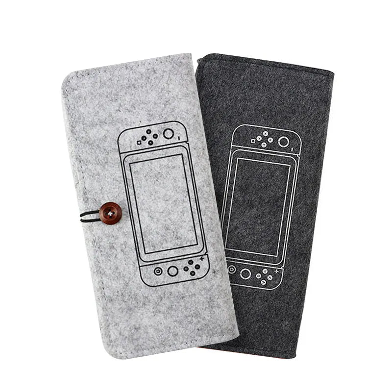 Black felt pouch case for Nintendo Switch showing game card slots and double-layer storage design