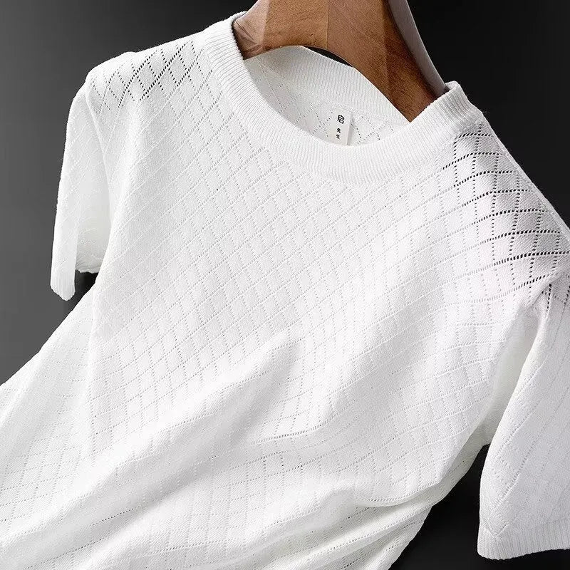 Men's Korean style ice silk T-shirt in black and white colours with V-neck and round neck options