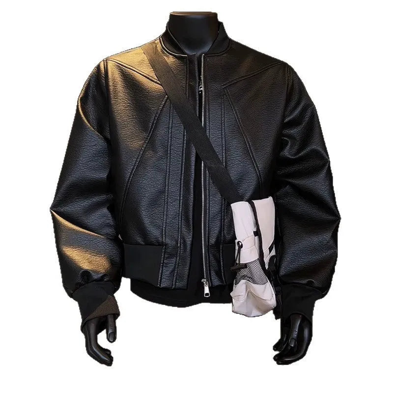 Men's black PU leather jacket with litchi texture and extended length in slim business fit